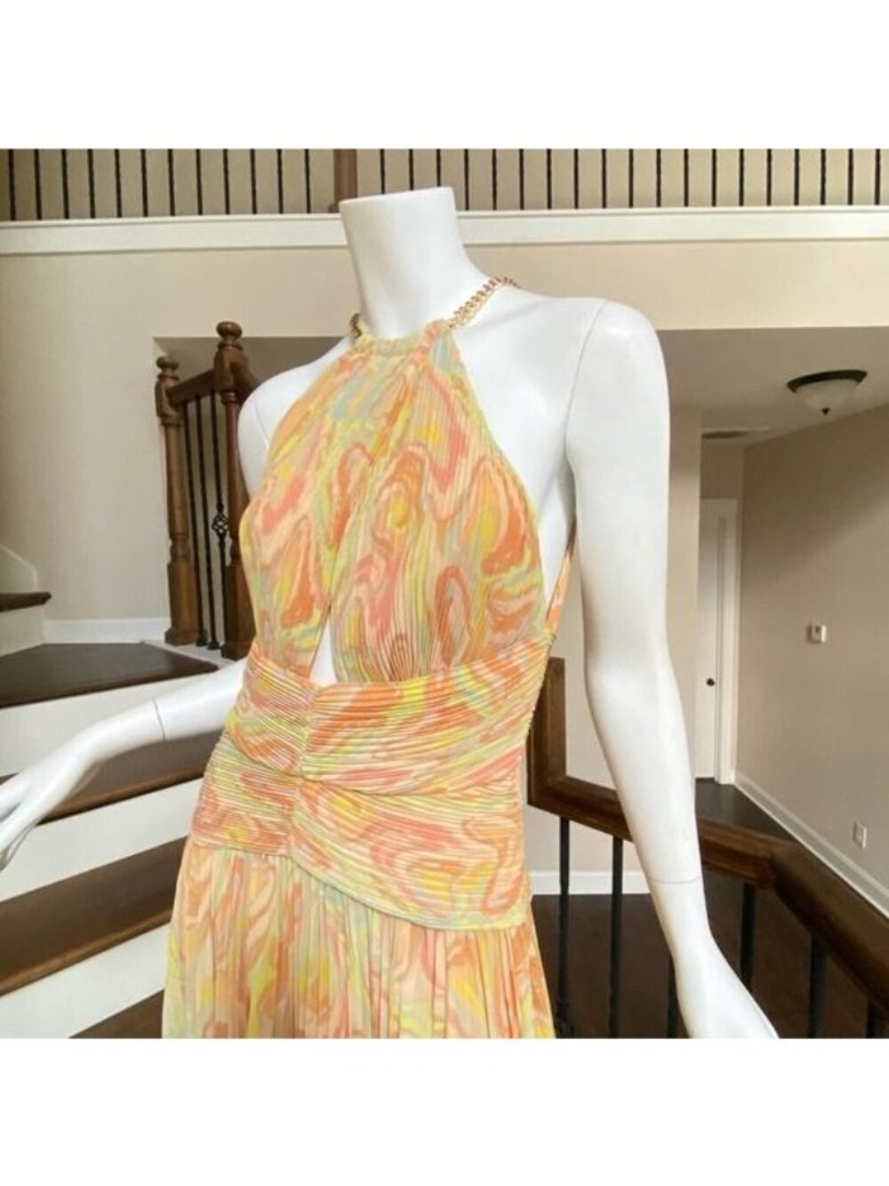 NWT AIIFOS Grace Pleated Halter Chiffon Gown in Peach and Yellow size 6 - Picture 4 of 12